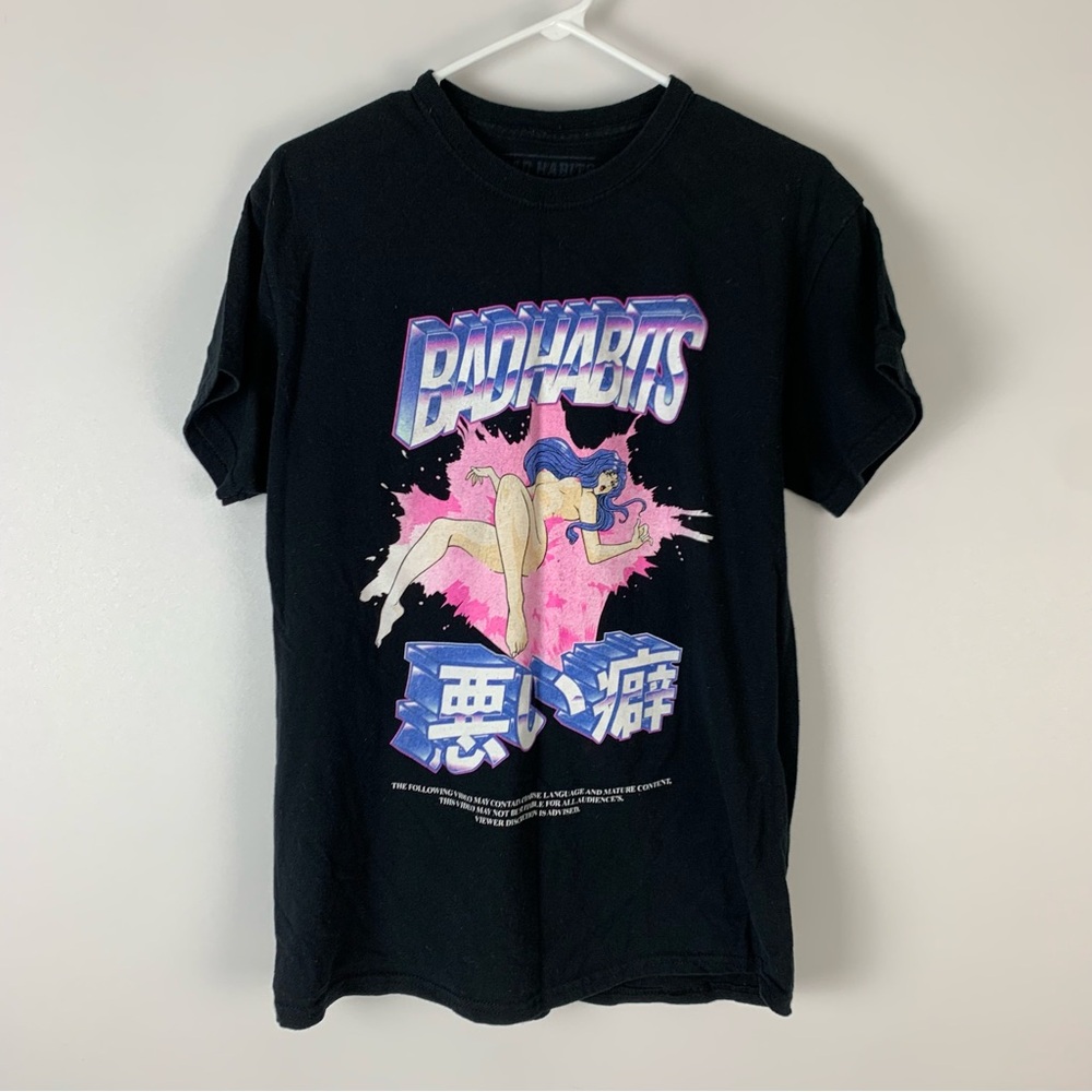 Bad Habits Mens Size Medium Anime Gamer Girl XXX Black Short Sleeve T-Shirt